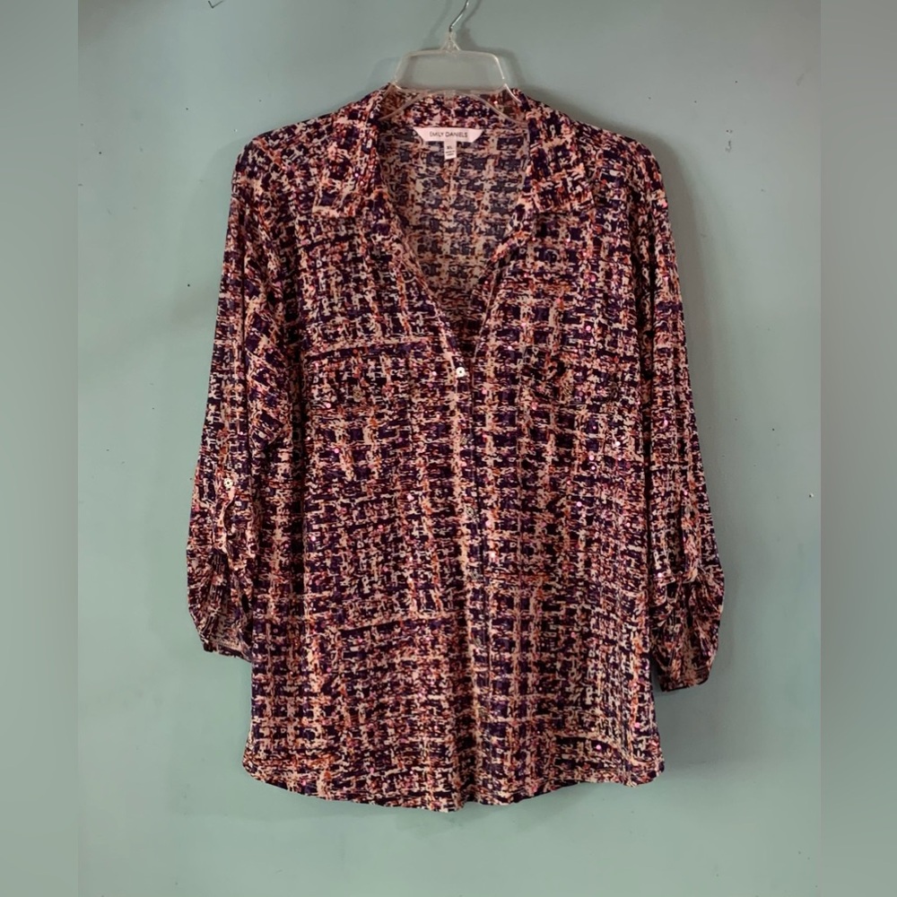 Emily Daniels brand ladies top in navy, purple and orange houndstooth, size XL